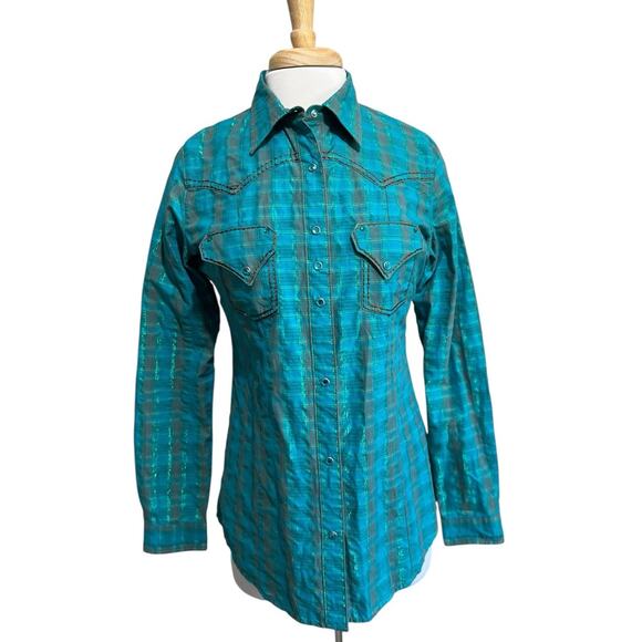 Rock 47 By Wrangler Green Plaid Western Shirt Womens M Metallic Rhinestone Snap - Picture 1 of 6